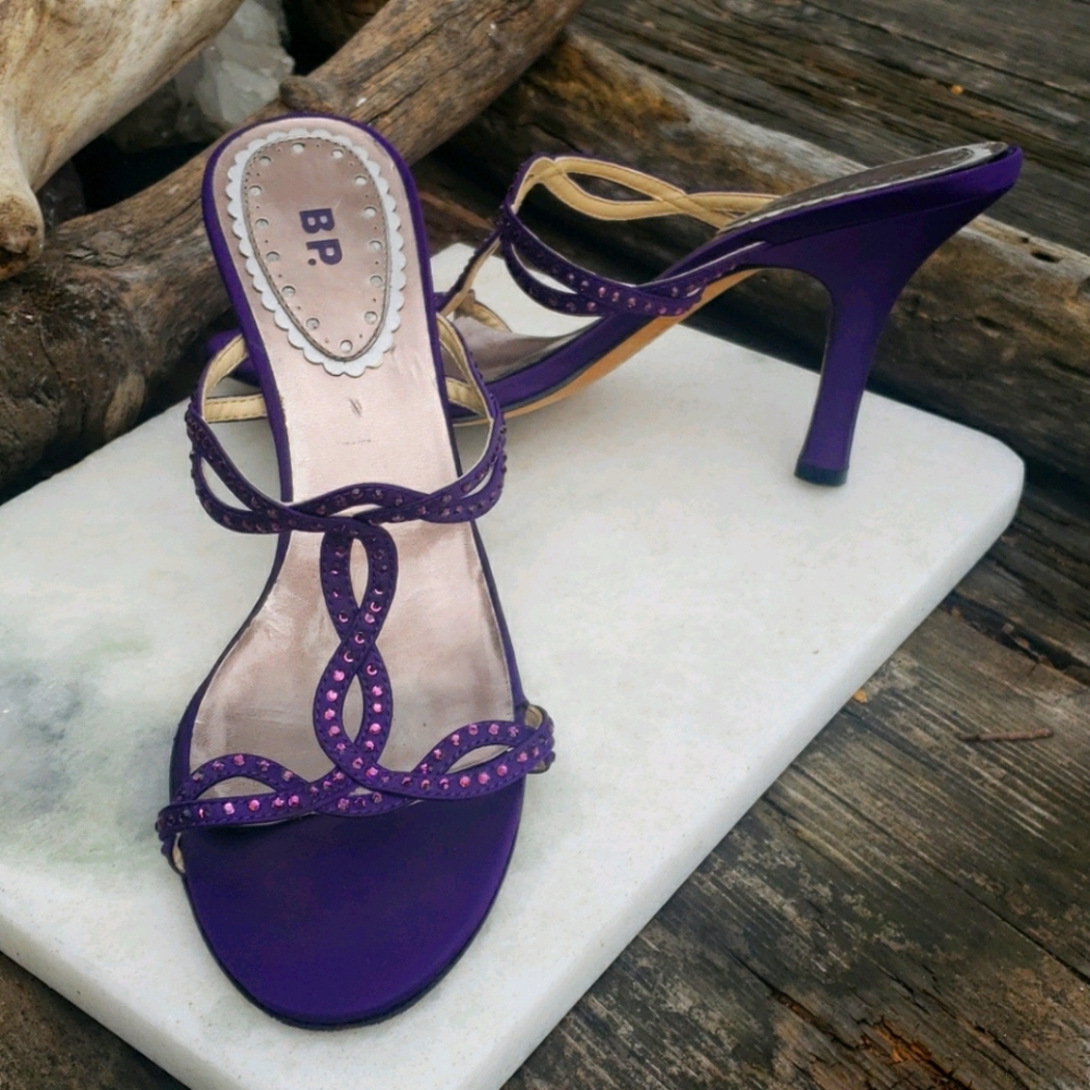 Purple rhinestone satin formal open toe heel